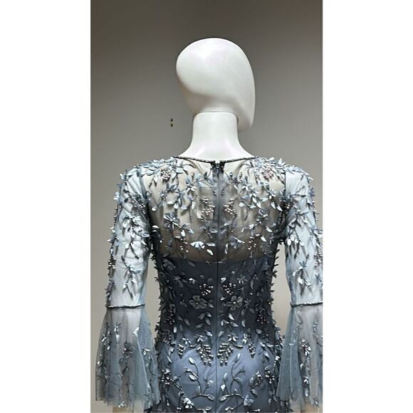 Theia Flounce Sleeve 3-D Embroidered and Beaded  Dusty Blue Gown Size 2 - Picture 13 of 14